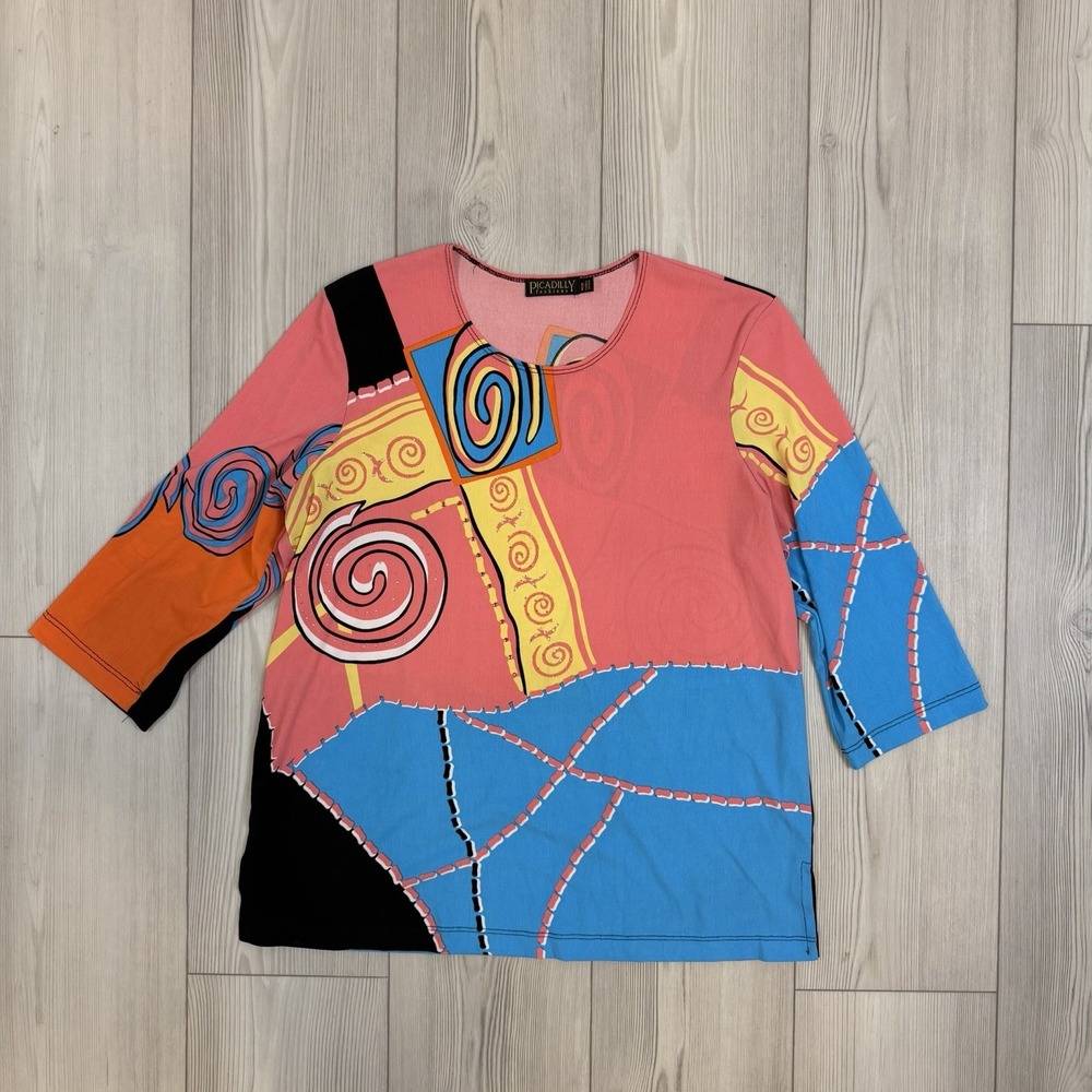 Picadilly Fashions Colorful Mixed Print Stretchy Knit Top Medium Artsy